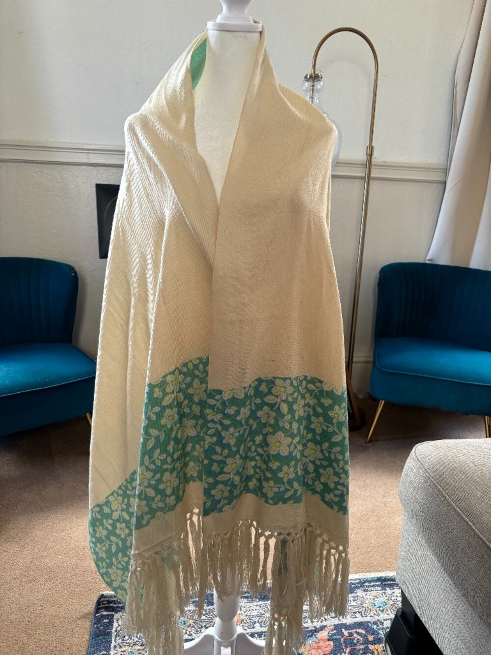 Cream Teal Frida Kahlo Portrait Fringe Scarf Wrap Shawl